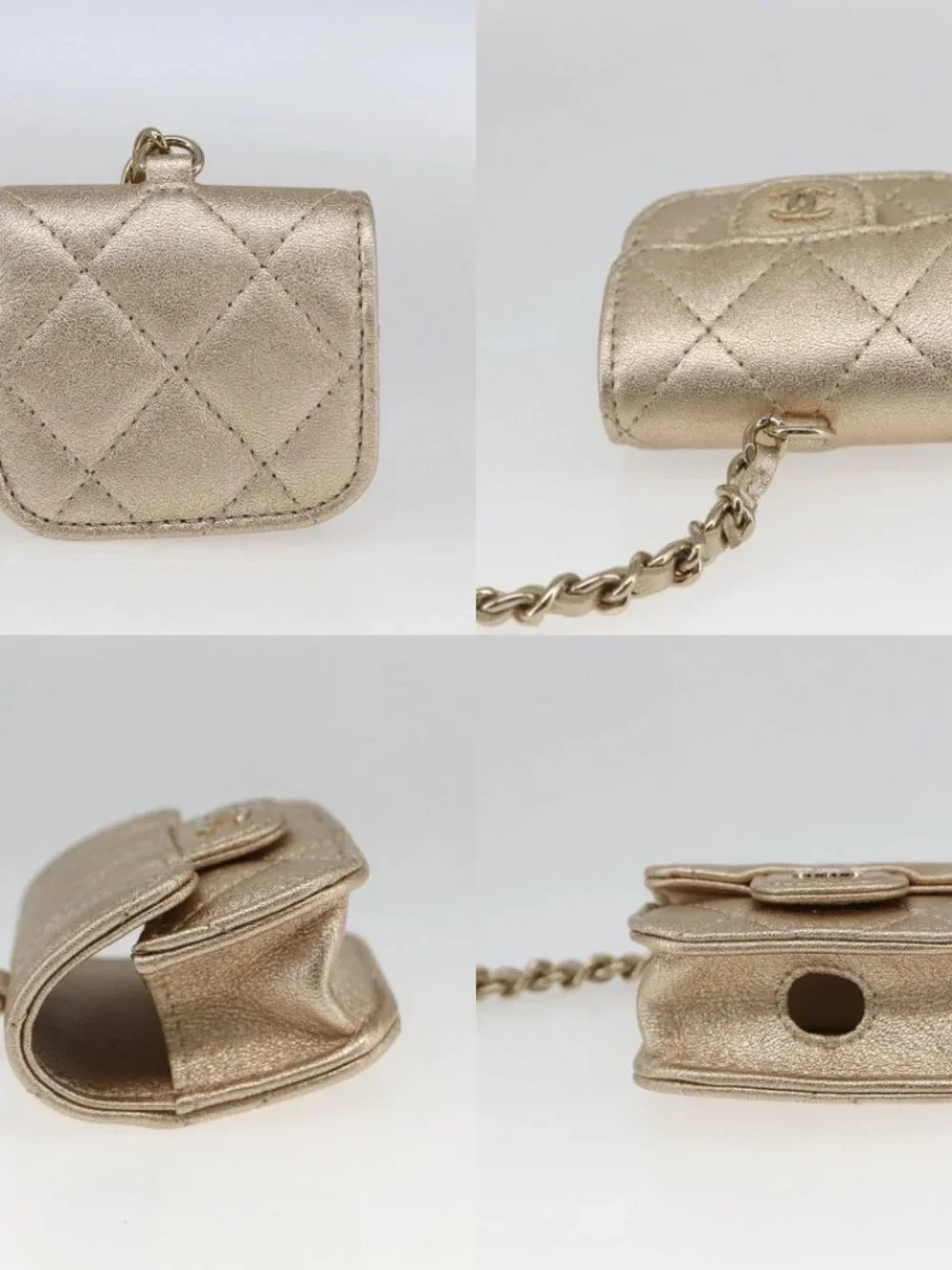 CHANEL Matelasse Earphone case Pouch Leather Champagne Gold CC Auth 163737SAM
